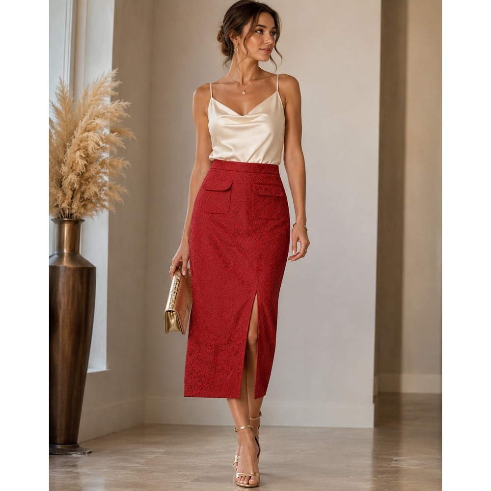 J.Crew Lace Midi Skirt Rust Red Pencil Front Slit 4 Holiday Wedding Guest - Picture 1 of 9